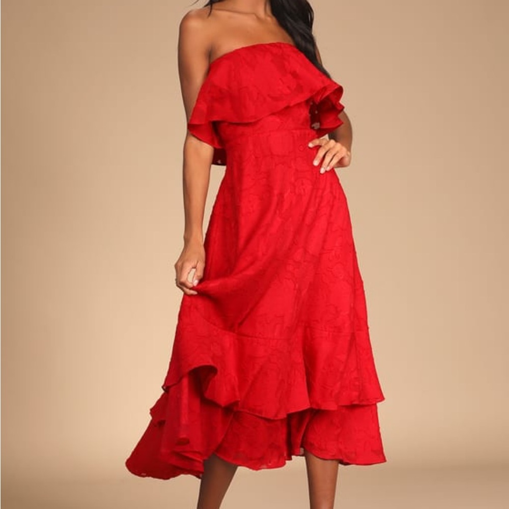 Red Strapless Midi Dress